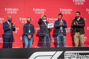 From the left, Angelo Sticchi Damiani (President of Automobile Club Italia); Pierluigi Martini; Gian Carlo Minardi; Marco Panieri (Major of Imola); Uberto Selvatico Estense (President of Formula Imola). ( Photo Grand Prix Photo Peter Nygaard)