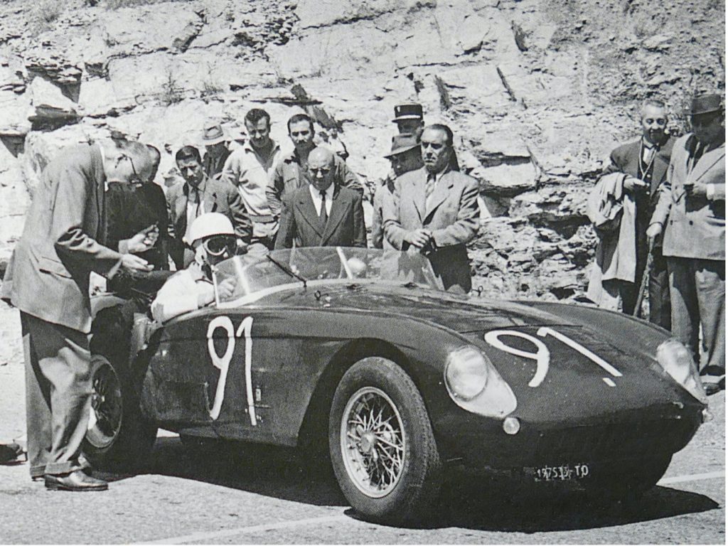 Jean Guichet at the wheel of his first Ferrari, a second-hand 500 Mondial at a hill climb. Note the hand painted race numbers