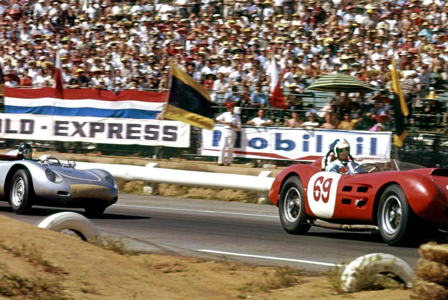A very rare photo of Bob Bondurant driving a Ferrari, the Arciero 375MM with Ken Miles in his Porsche RS behind., Riverside 1960(Photo Allen Khun)