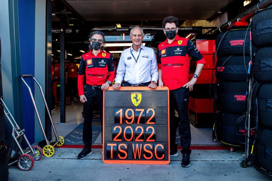 Tim with Ferrari F1 team principal Mattia Binotto and sporting director Laurent Mekies