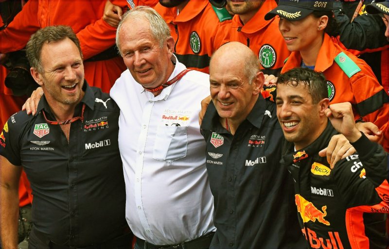 In modern times, Helmut Marko with his proteges, Christian Horner, Adrian Newey and Daniel Ricciardo (©Grand Prix Photo- Peter Nygaard)