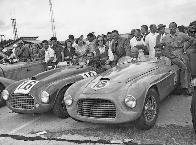 Andre Pilette, right, at the wheel of Roosdorp’s Ferrari 166 Spyder Corsa alongside Luigi Chinetti and Jean Lucas in the winning car at Montlhery. (Pilette archive)