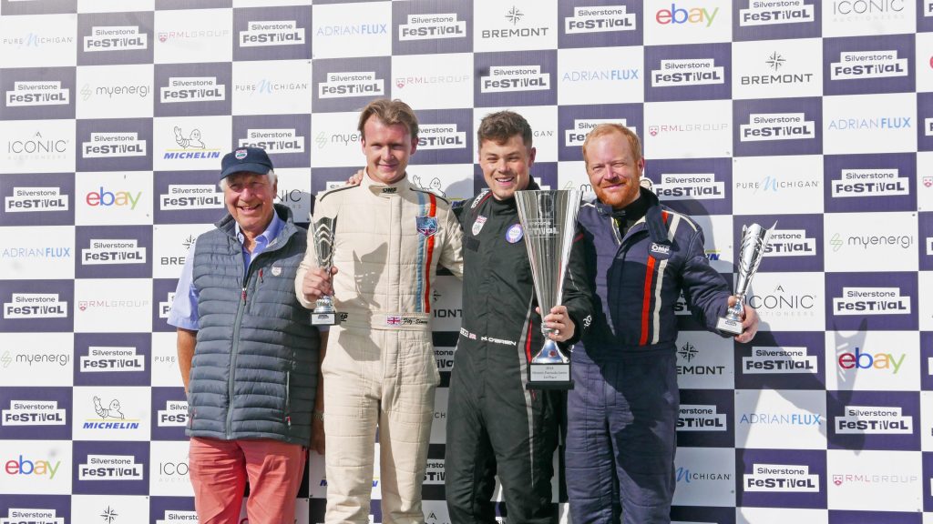 Immediately after the meeting past-President Howden Ganley ( Left) dashed off to present the trophies for the Formula Junior race at the Silverstone Classic