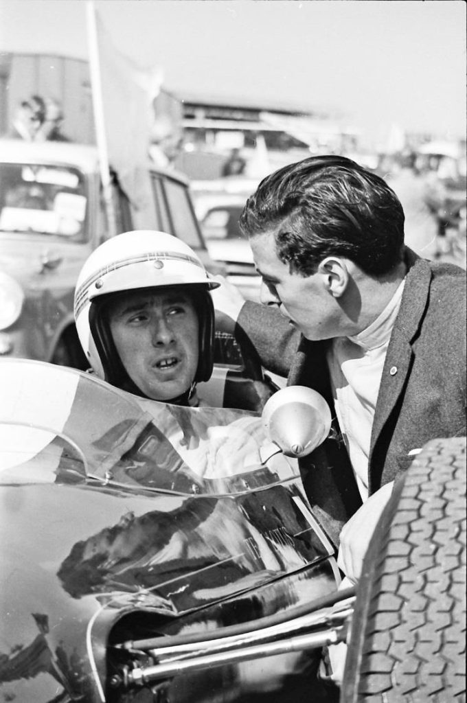 July 1964, Jackie Stewart gets some last minute advice from Jim Clark before setting off for his first ever drive in a Formula 1 car a Lotus 25 so Duns was a 51 year reminder of how his grand prix career started

