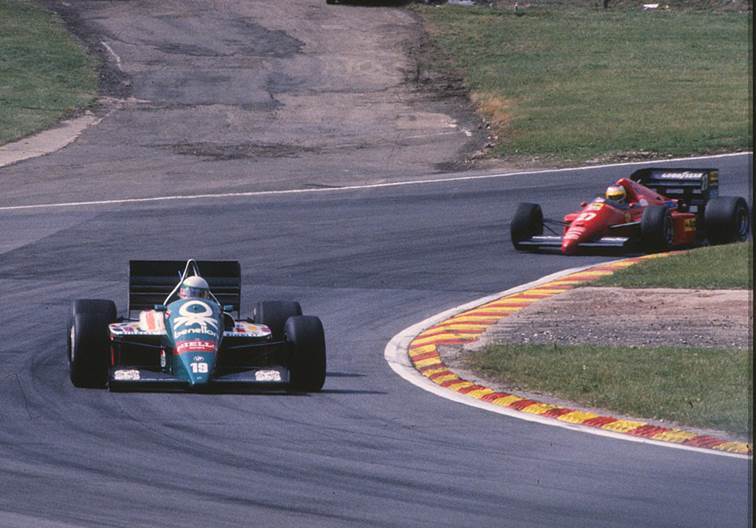Teo in the Benetton B186 leading Michele Alboreto in the Ferrari at the 1986 British Grand Prix