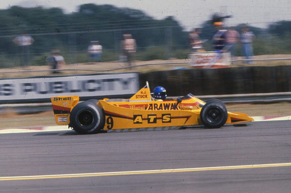Hans Joachim Stuck racing the ATS Wheels Formula 1 car. (Photo Grand Prix Library/Gauld)